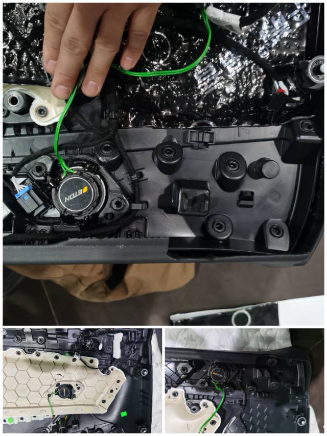 途观L车主到店，要求无损对插安装，快速提升音响效果。于是前门8寸后门6.5寸喇叭，原装进口伊顿安排走起，提升音质音色清晰度，层次感。

前声场：德国伊顿8寸大众专用喇叭

后声场：德国伊顿6.5寸大众专用喇叭

四门四层平静隔音