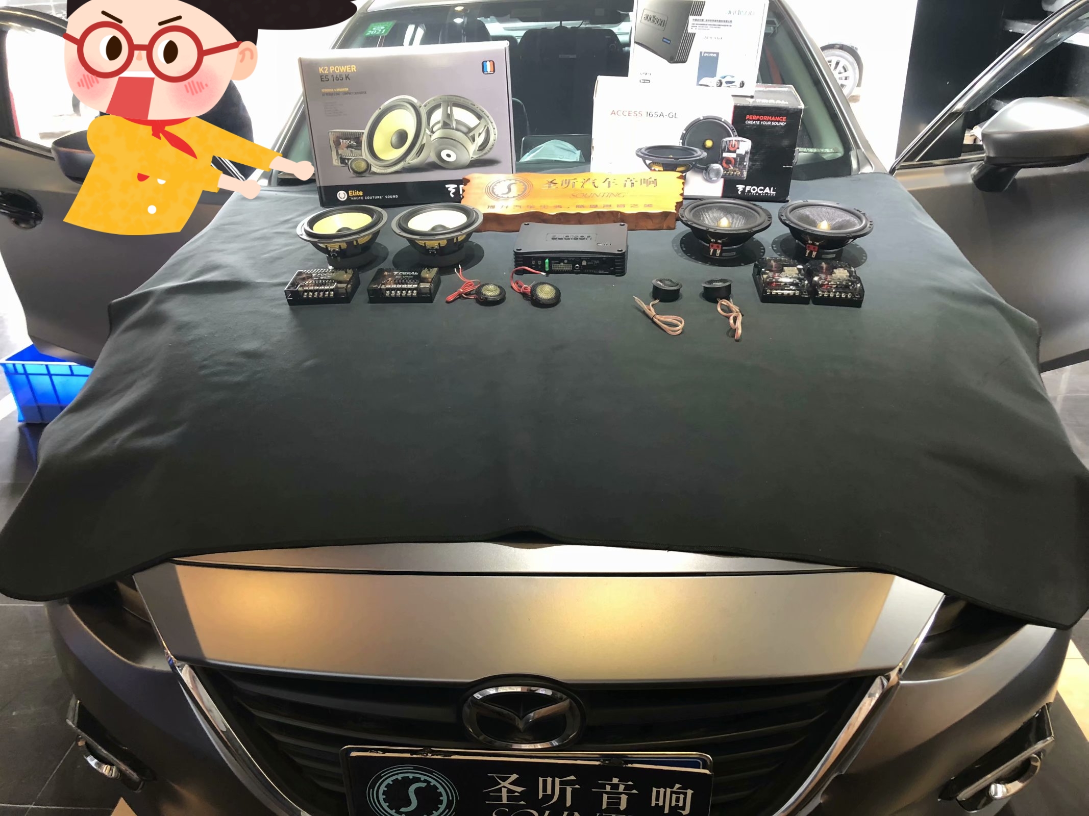 马自达昂克赛拉再次升级汽车音响，前门劲浪ES165K套装喇叭，中低音原装位安装，高音A柱倒膜安装+后门劲浪165agl套装喇叭+欧迪臣AP8.9功放+歌航A2播放器